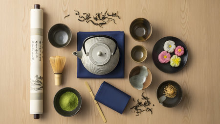 Japanese showing japanese matcha tea ceremony with sweets scroll and tea utensils on wooden...