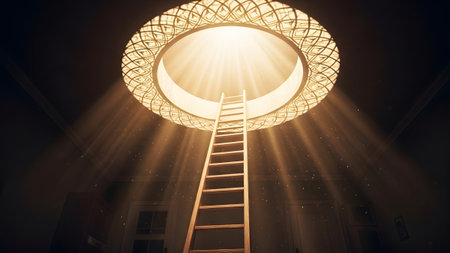 Bright showing ladder leading up to a circular opening with bright sunlight streaming through...