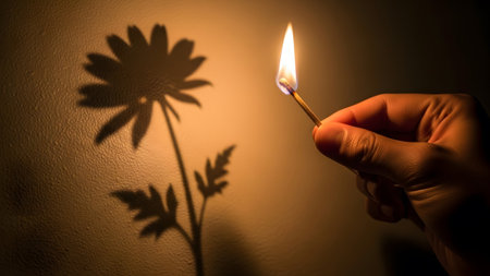 (2567) showing hand holding a lit match creating a flower shadow on a textured wall.