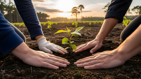 Small showing hands planting a small green seedling in rich dark soil at sunset. resolution...の写真素材
