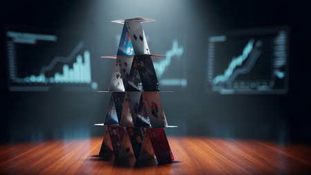 House showing house of credit cards against a backdrop of financial charts and graphs.