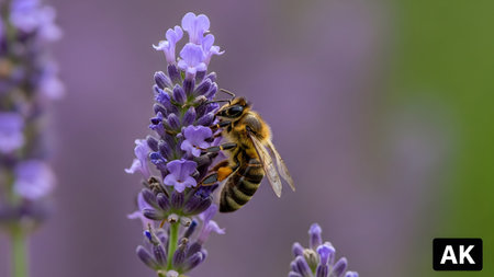 A detailed macro shot of a honeybee with pollen baskets on its legs, perched on a purple...