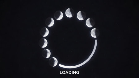 A dark background a circular arrangement of moon phases with a loading bar and text.......