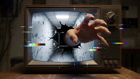 Background showing hand breaking through old television screen with glitch effects and hallway...