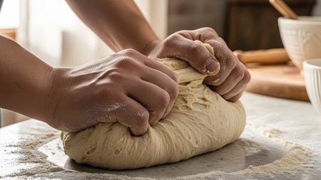 Working showing hands working raw dough dusted with flour on a light-colored countertop surface....