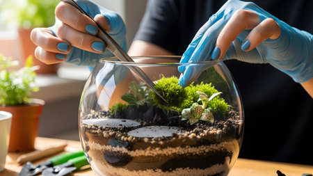 Using showing hands wearing blue gloves and using tweezers to build a terrarium with plants....の写真素材