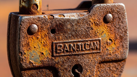 Heavily rusted padlock with visible texture and the word embossed on its surface.の写真素材