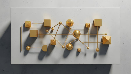 Textured showing intricate network of golden geometric shapes spheres and lines on a textured...の写真素材