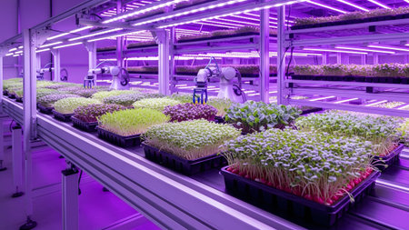 Purple showing indoor vertical farm with rows of microgreens under purple led grow lights.の写真素材