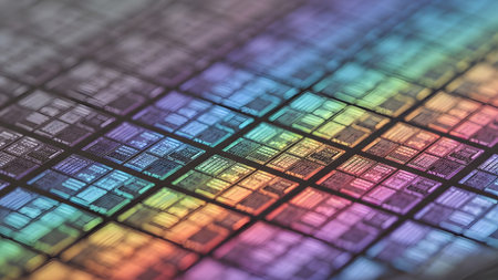 Macro view of a silicon wafer showing colorful rainbow circuits arranged in a precise grid pattern.