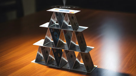 House showing house of cards made from cards on a wooden table. resolution