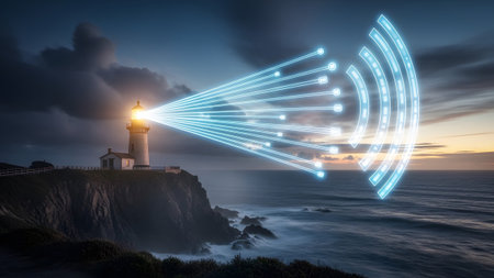showing lighthouse beam composed of digital lines and arcs projecting over a calm ocean at...