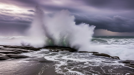 A powerful white wave bursts against dark, wet rocks, creating a large spray under a dark, moody...