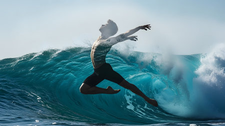 Male showing male dancer leaps with arms outstretched against a powerful ocean wave backdrop....