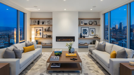 A stylish living room with a modern fireplace, two sofas, and a coffee table offers a city...の写真素材