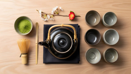 Japanese showing japanese matcha tea ceremony set with black teapot bamboo whisk and cherry...の写真素材