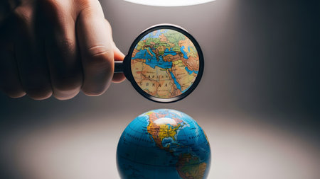 A magnifying glass hovers over a globe, with a bright light casting shadows and highlighting the...の写真素材