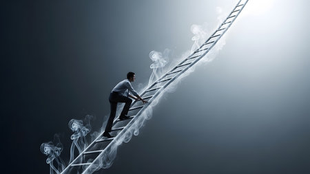 (4018) showing man in suit climbing a smoky ladder towards a bright light representing career...