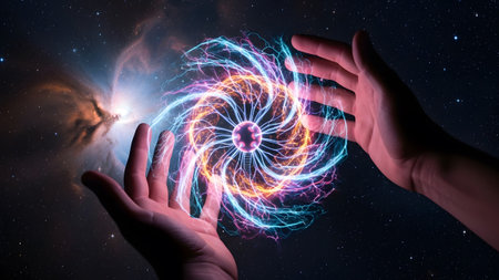 Hands showing hands reaching towards a swirling plasma ball in a starry nebula background.の写真素材