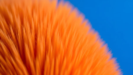 Background showing macro view of bright orange synthetic bristles against a clear vibrant blue...の写真素材