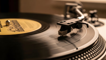Shot showing macro shot of a record player stylus on a black vinyl disc with a yellow label and...
