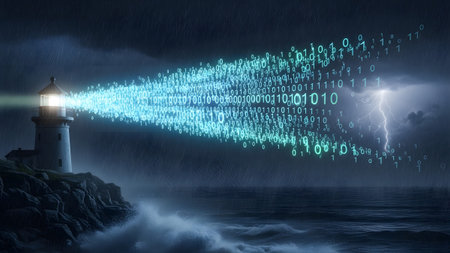 A lighthouse projects a beam of binary code into a dark, stormy sea with a lightning strike.