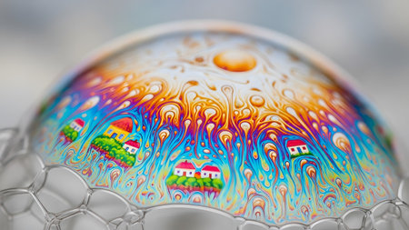 Bubble showing macro view of soap bubble surface reflecting miniature houses with colorful...の写真素材