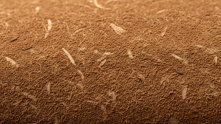 Macro shot of a brown textured cylindrical surface revealing fine fibers and small embedded...の写真素材