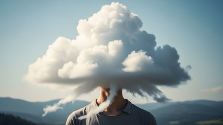 A person's head is replaced by a large, fluffy white cloud with wisps of smoke trailing outwards.の写真素材