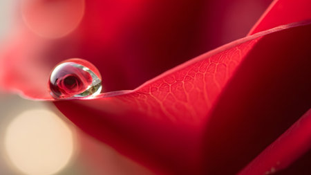 (4263) showing macro view of a water droplet on a red rose petal reflecting a rose bloom.の写真素材