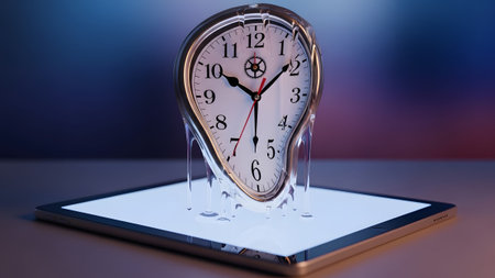 Drips showing melting clock with clear drips on a tablet screen with a soft blue background....の写真素材