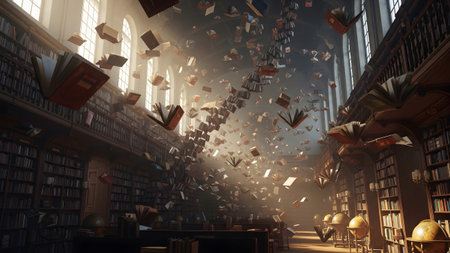 Library showing magical library scene with books flying and swirling in beams of light.