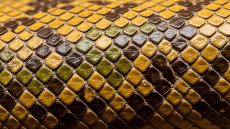 Shapes showing macro of snake skin scales featuring a vibrant pattern of yellow, green, and dark...