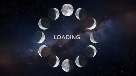 A circular display of moon phases with a loading bar is set against a vibrant cosmic background.