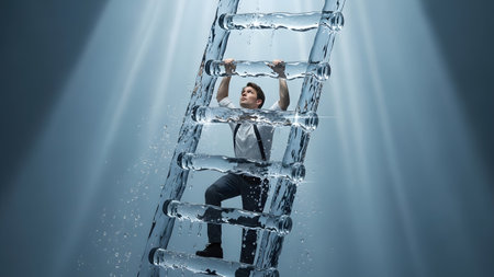 (4024) showing man climbing a ladder made of clear water tubes in a dark underwater environment....の写真素材