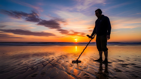 Man with headphones metal detecting on a wet beach during a colorful sunset with dramatic clouds...
