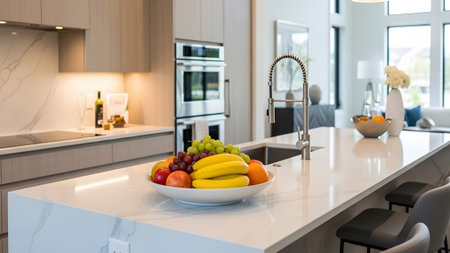 Modern showing modern kitchen island with a bowl of fresh fruit and sleek appliances.の写真素材