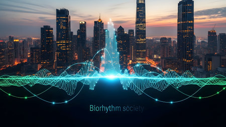 A city panorama at twilight with a glowing green digital sound wave and text.