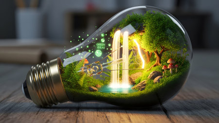 A miniature forest with a glowing waterfall and vibrant green plants is contained within a clear...