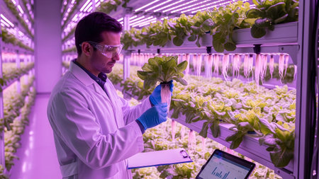 Roots showing male scientist in lab coat and safety glasses examines lettuce plant roots in a...の写真素材