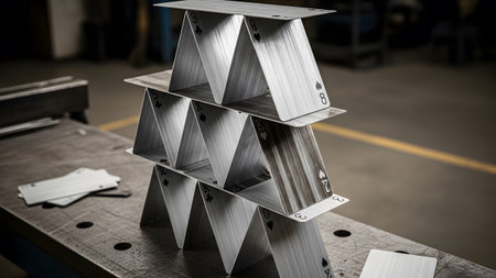 House showing metal playing cards form a precarious house of cards structure on a textured...