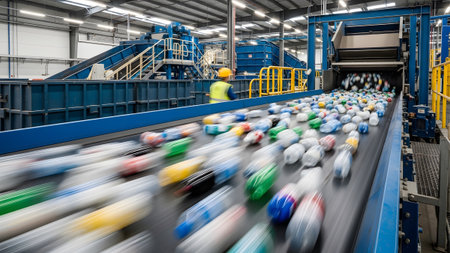 Workers showing motion blurred plastic bottles on a conveyor belt in a busy recycling facility...の写真素材