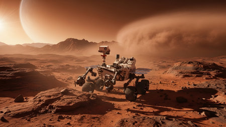 A Mars rover sits on a desolate red planet landscape with mountains and a large hazy planet in...