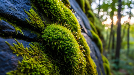 Close-up of vibrant green moss on dark stone, glistening with water droplets, with a blurred...の写真素材