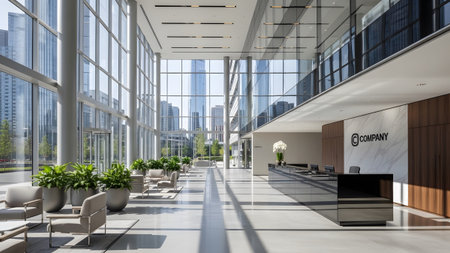 Bright modern corporate lobby with expansive glass windows showcasing city skyline views and...