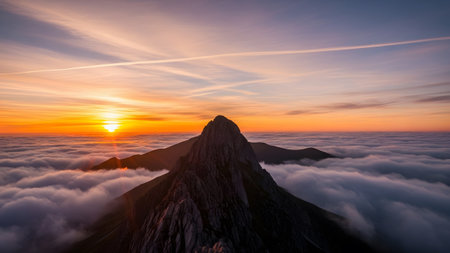 Peak showing jagged mountain peak emerges from a sea of clouds at sunrise with vibrant orange...の写真素材