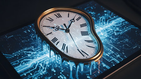 Circuit showing melting pocket watch with roman numerals on a digital circuit board background....の写真素材