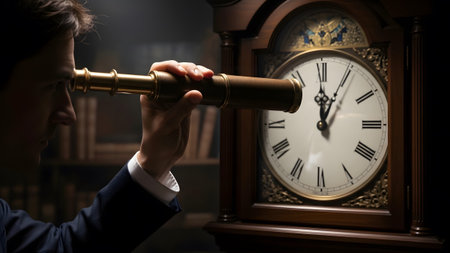 A man in a dark suit gazes through a brass telescope at a detailed grandfather clock face.