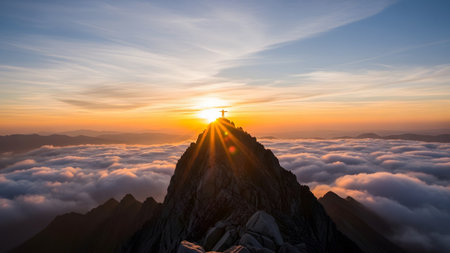 A person with arms outstretched stands on a rocky mountain peak during a vibrant sunrise, with sun...