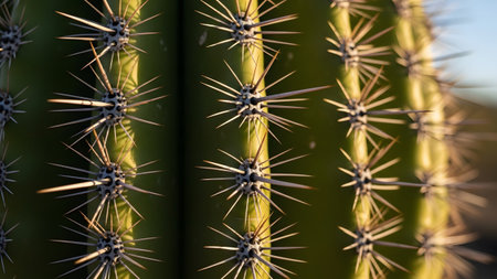 Green showing macro view of sharp spines on a green saguaro cactus in bright sunlight.